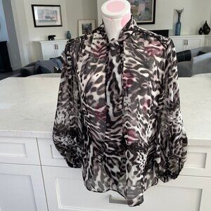 Jennifer Lopez Pull On Sheer 3/4 Sleeve Animal Print Blouse Black Grey Sz S